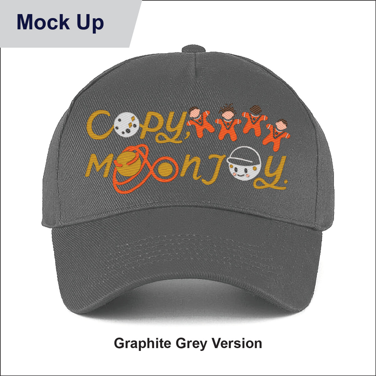 Grey kids curved cap with colourful text that reads Copy, Moon Joy. Accompanying text includes graphics.The product is on a white background.