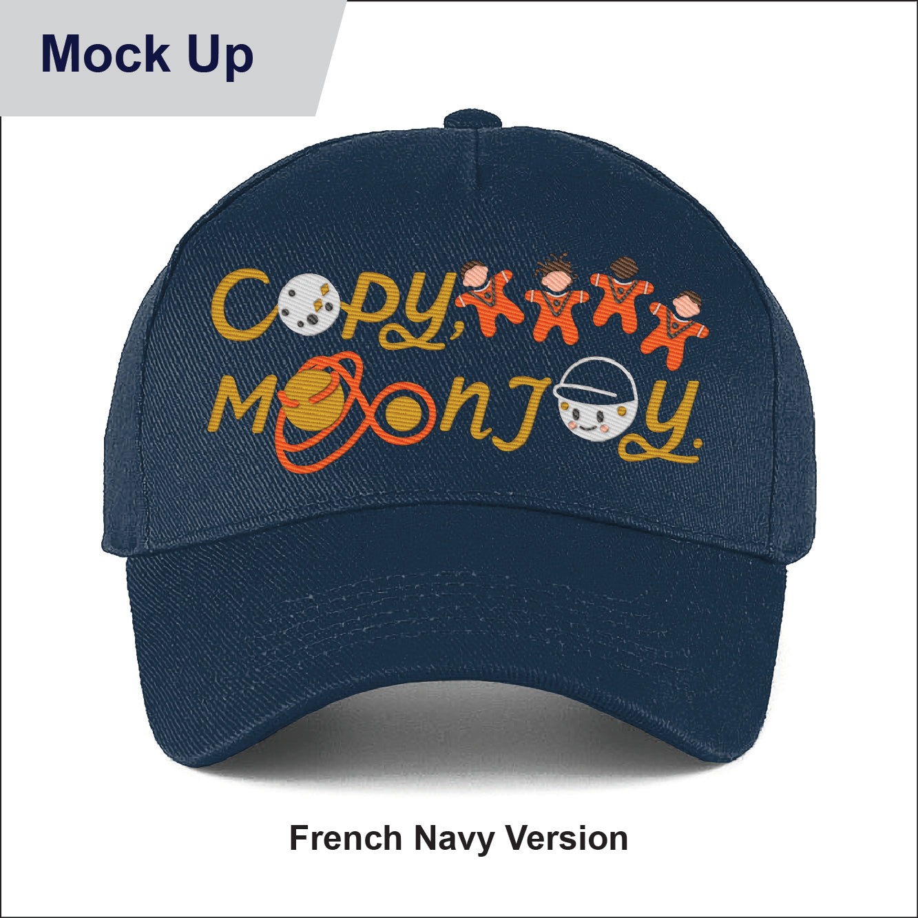 Navy kids curved cap with colourful text that reads Copy, Moon Joy. Accompanying text includes graphics.The product is on a white background.
