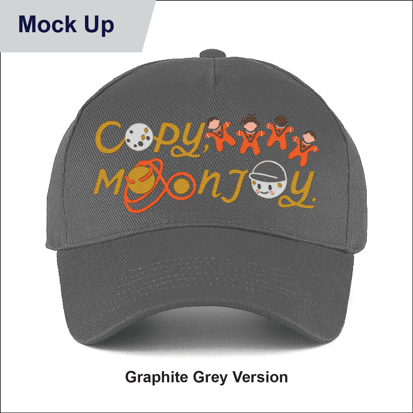 Grey kids curved cap with colourful text that reads Copy, Moon Joy. Accompanying text includes graphics.The product is on a white background.