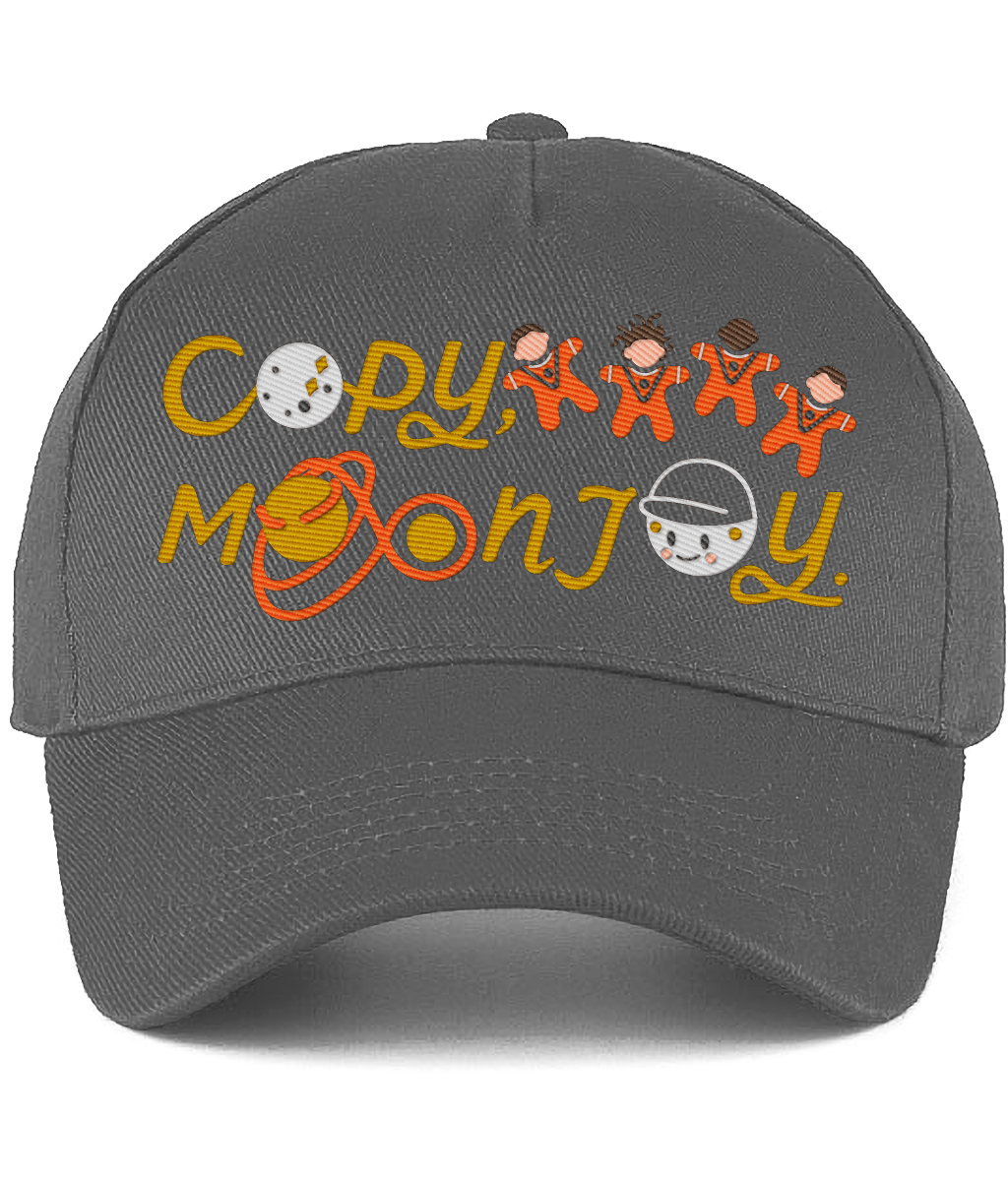 A mocked up version of the grey adults curved cap with colourful text that reads Copy, Moon Joy. Accompanying text includes graphics.The product is on a white background.