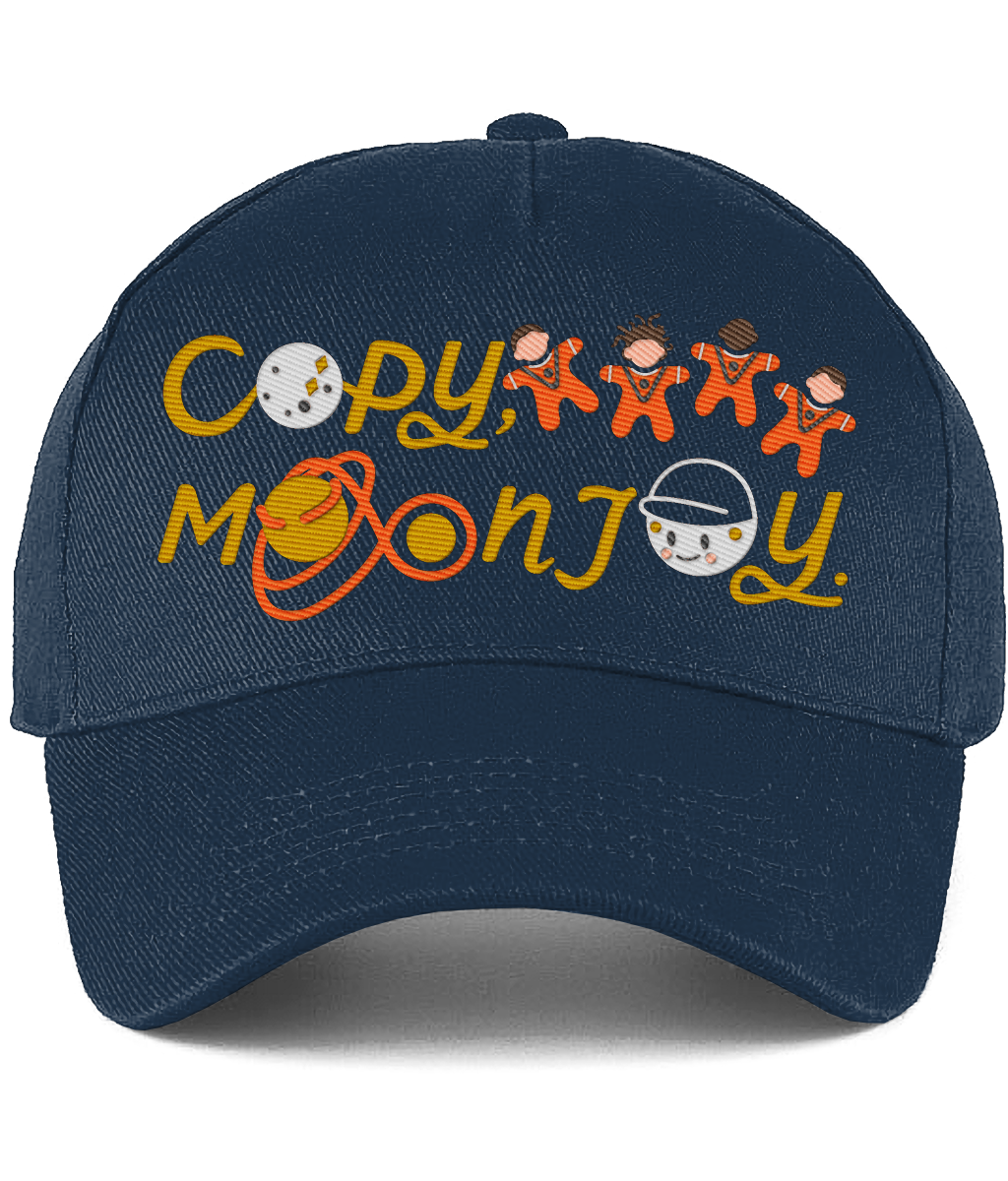 A mocked up version of the navy adults  curved cap with colourful text that reads Copy, Moon Joy. Accompanying text includes graphics.The product is on a white background.